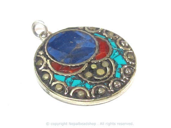1 pendant - Beautiful round disc shape design Tibetan pendant with mosaic turquoise lapis coral inlay - PM575B