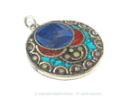 1 pendant - Beautiful round disc shape design Tibetan pendant with mosaic turquoise lapis coral inlay - PM575B