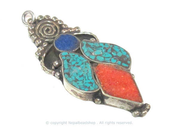 1 pendant - Large ethnic design Tibetan pendant with mosaic turquoise lapis inlay -- PM574A