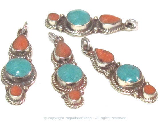 1 pendant - Nepal pendant ethnic nepalese Small linear drop shape Tibetan silver charm pendant with turquoise inlay - PM573B
