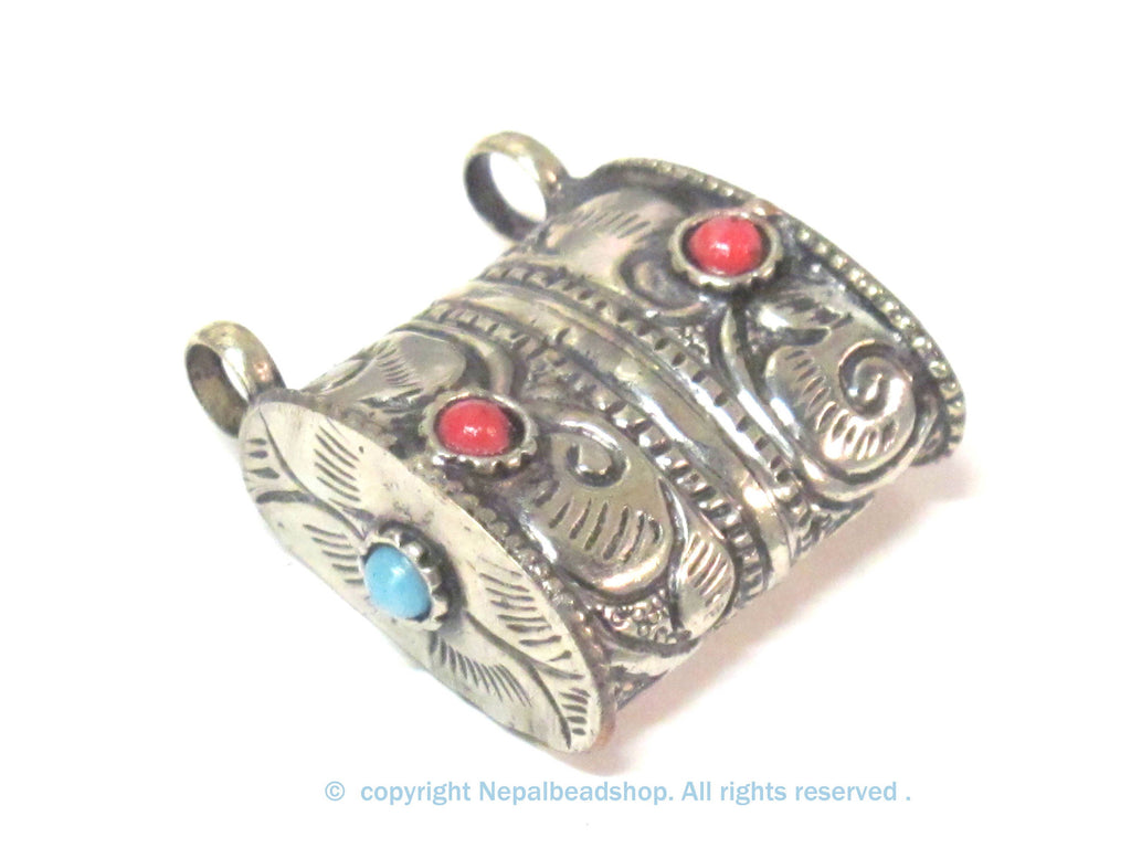 1 Tibetan pendant-Ethnic nepal pendant Tibetan silver color floral repousse double bail tribal pendant Nepal - PM595