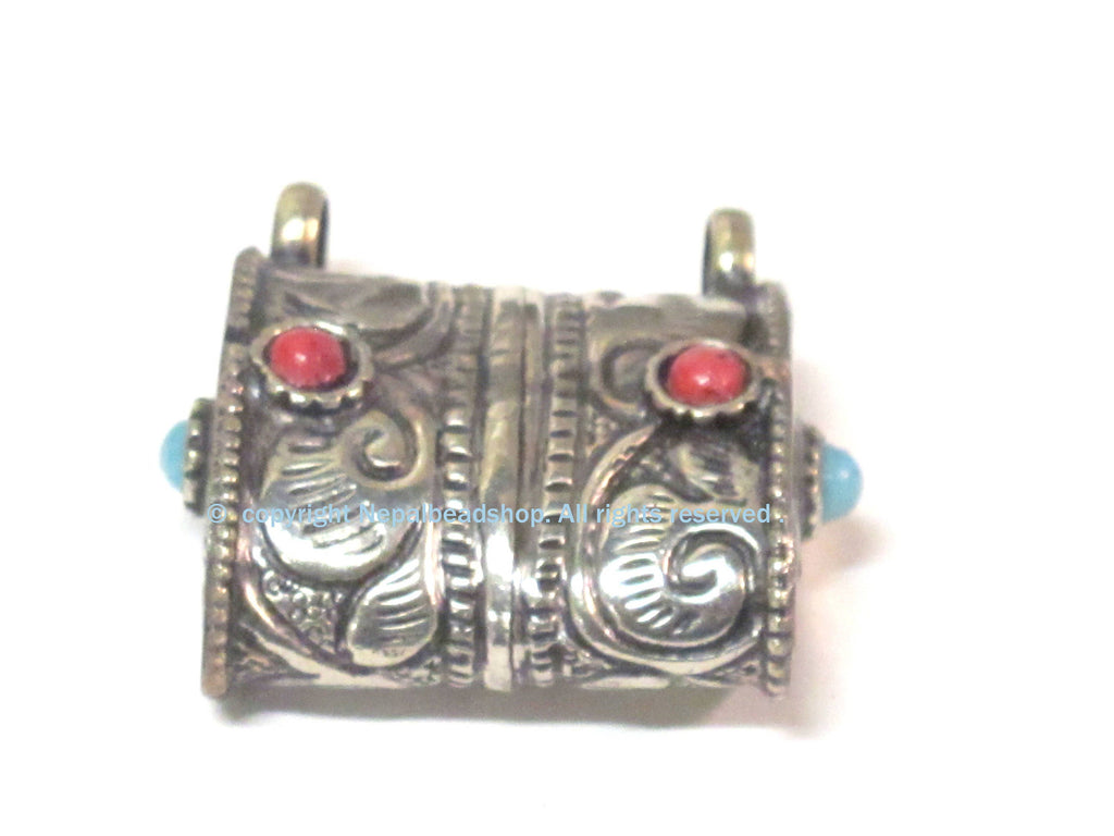 1 Tibetan pendant-Ethnic nepal pendant Tibetan silver color floral repousse double bail tribal pendant Nepal - PM595