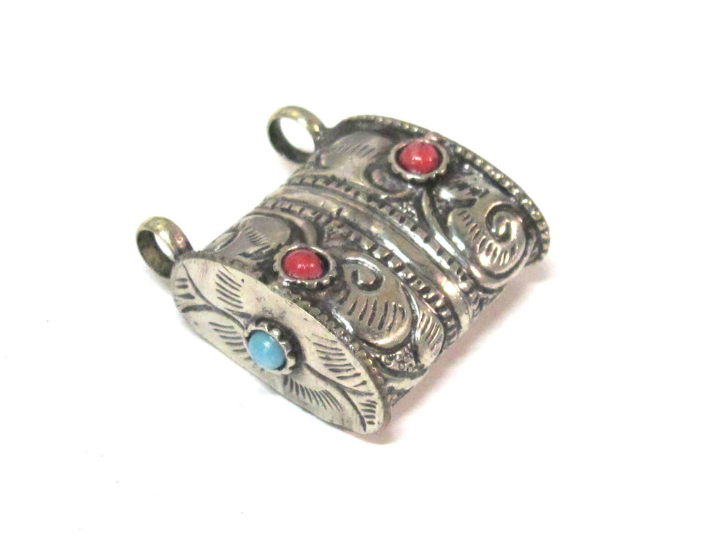 1 Tibetan pendant-Ethnic nepal pendant Tibetan silver color floral repousse double bail tribal pendant Nepal - PM595
