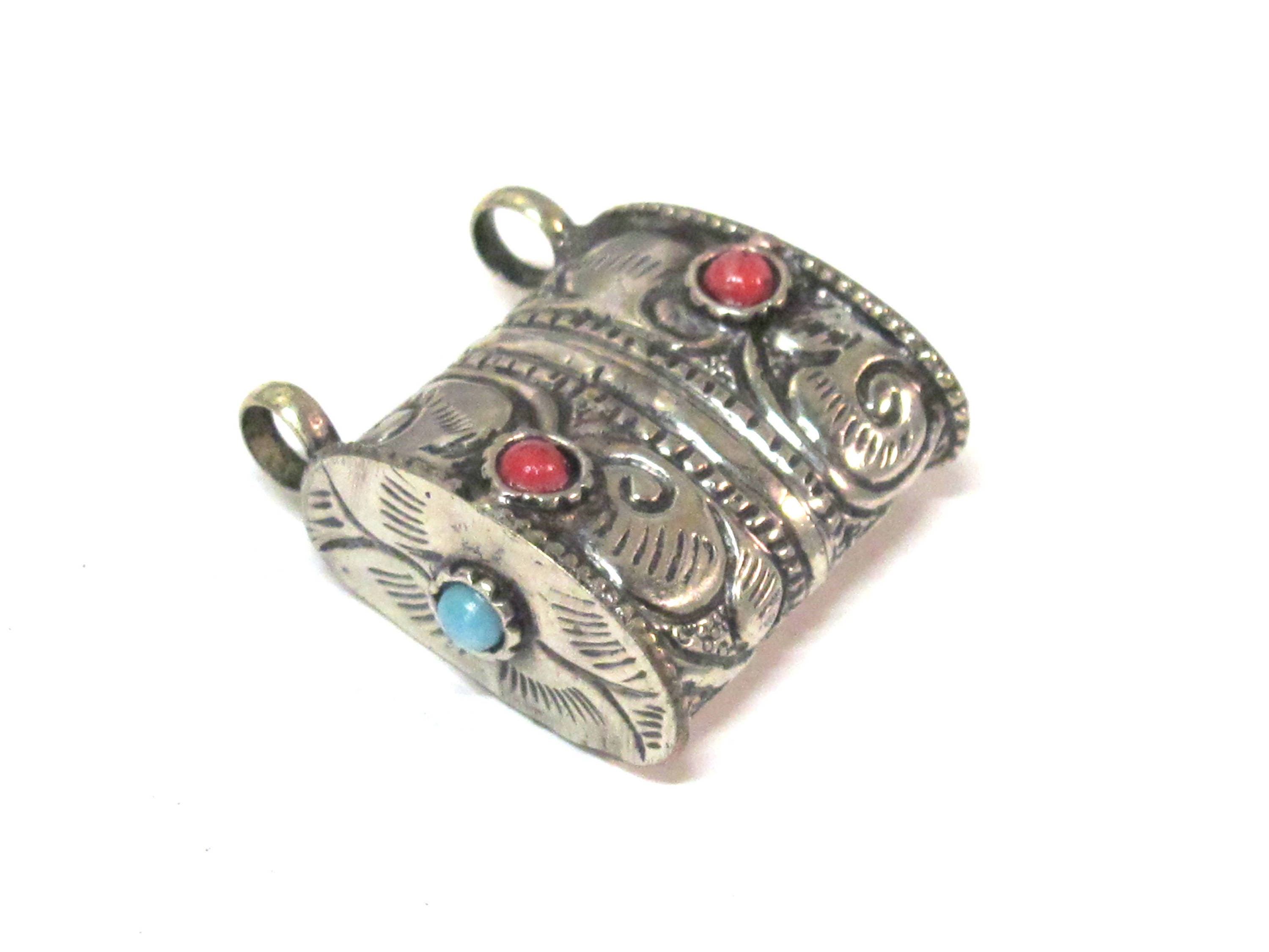 1 Tibetan pendant-Ethnic nepal pendant Tibetan silver color floral repousse double bail tribal pendant Nepal - PM595