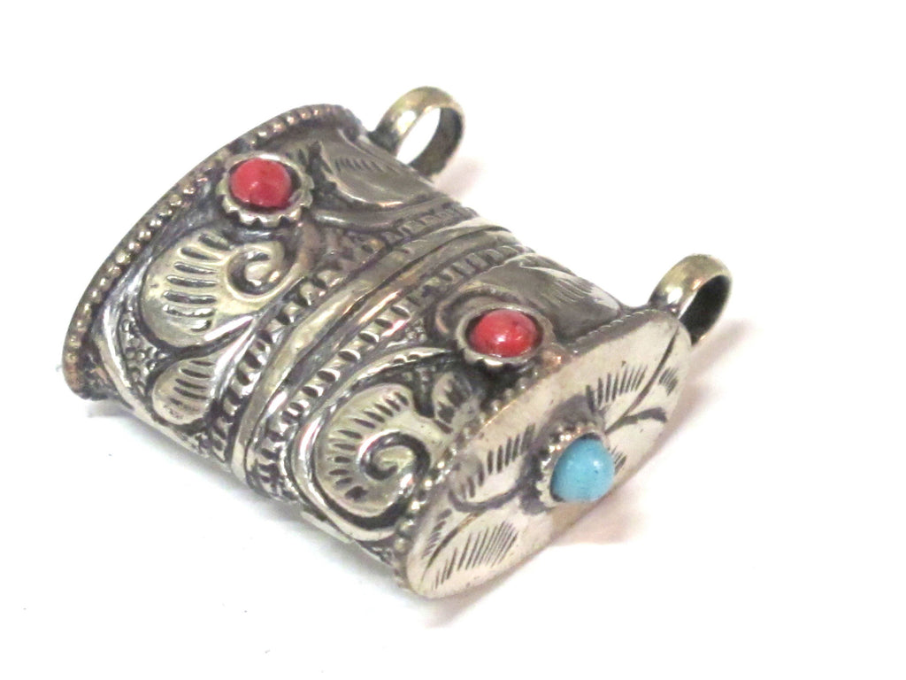 1 Tibetan pendant-Ethnic nepal pendant Tibetan silver color floral repousse double bail tribal pendant Nepal - PM595