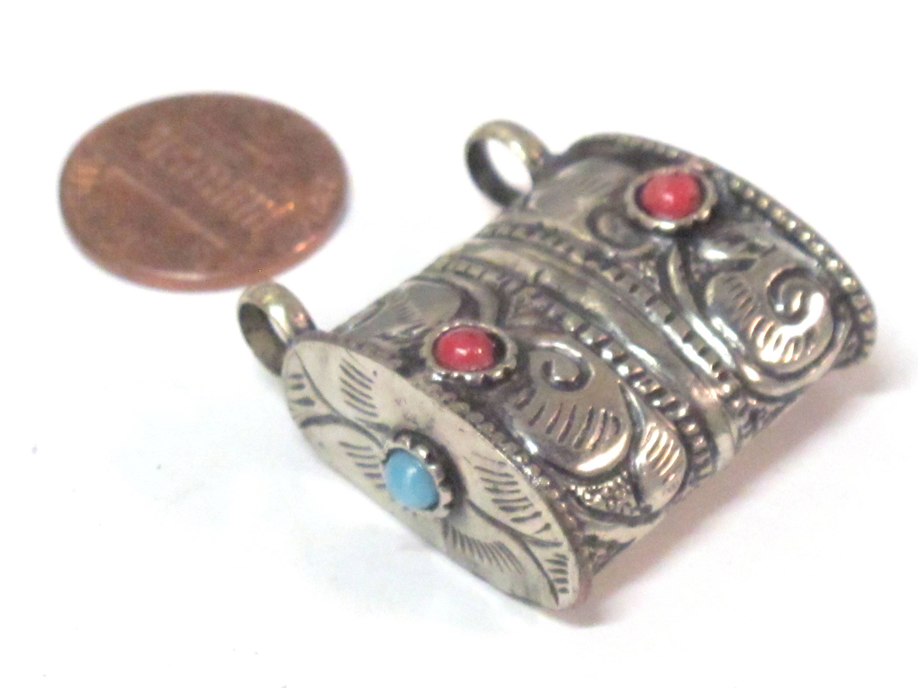 1 Tibetan pendant-Ethnic nepal pendant Tibetan silver color floral repousse double bail tribal pendant Nepal - PM595