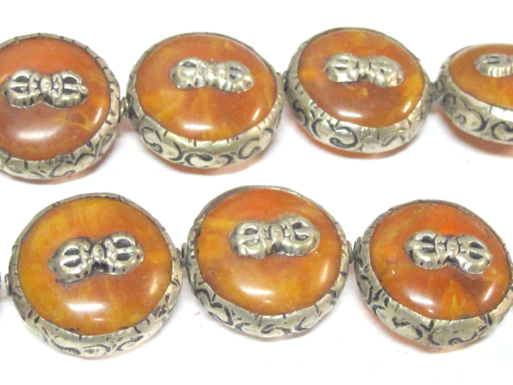 1 Bead - Reversible Large size Tibetan silver encased copal resin dorje vajra symbol bead - BD524B