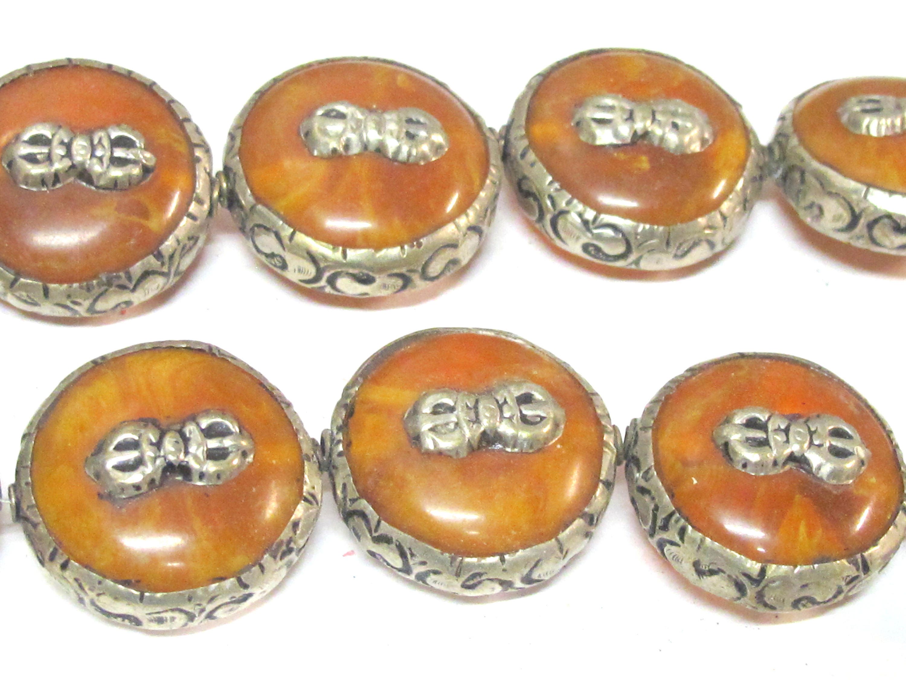 1 Bead - Reversible Large size Tibetan silver encased copal resin dorje vajra symbol bead - BD524B