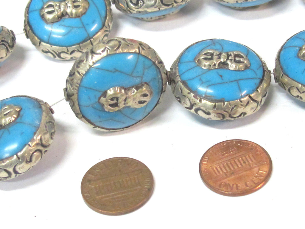 1 Bead - Tibetan bead Reversible Large size Tibetan silver encased blue color crackle resin dorje vajra symbol bead - BD524D