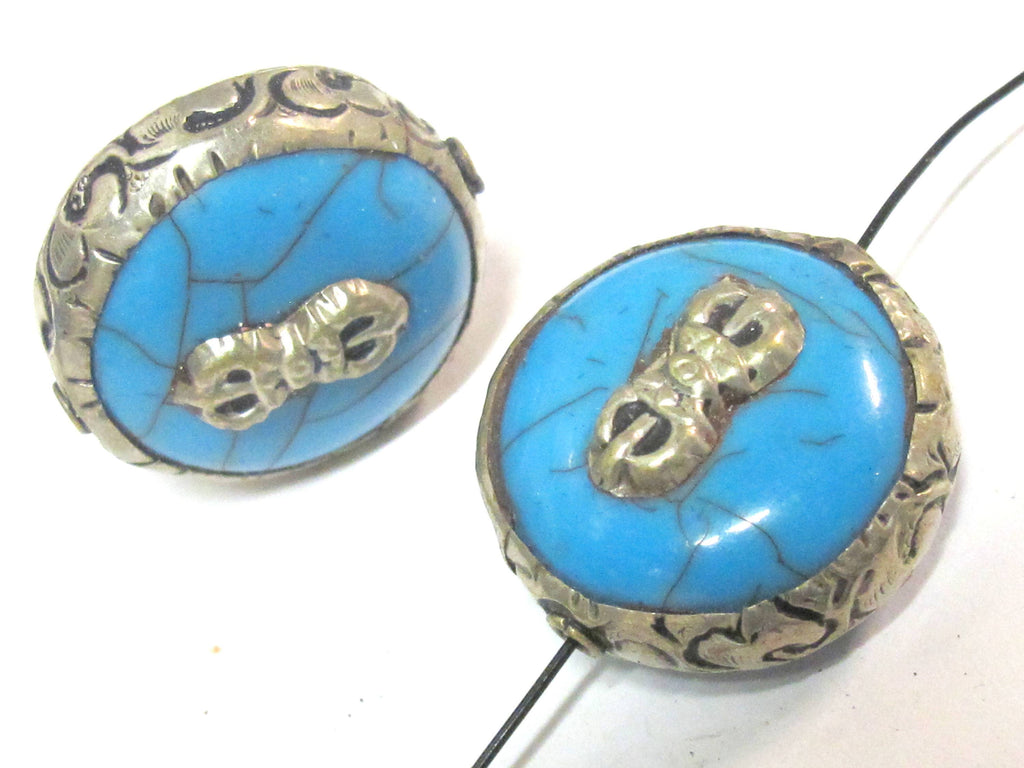 1 Bead - Tibetan bead Reversible Large size Tibetan silver encased blue color crackle resin dorje vajra symbol bead - BD524D