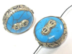 1 Bead - Tibetan bead Reversible Large size Tibetan silver encased blue color crackle resin dorje vajra symbol bead - BD524D