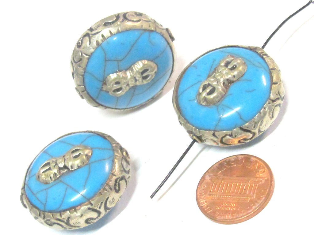 1 Bead - Tibetan bead Reversible Large size Tibetan silver encased blue color crackle resin dorje vajra symbol bead - BD524D