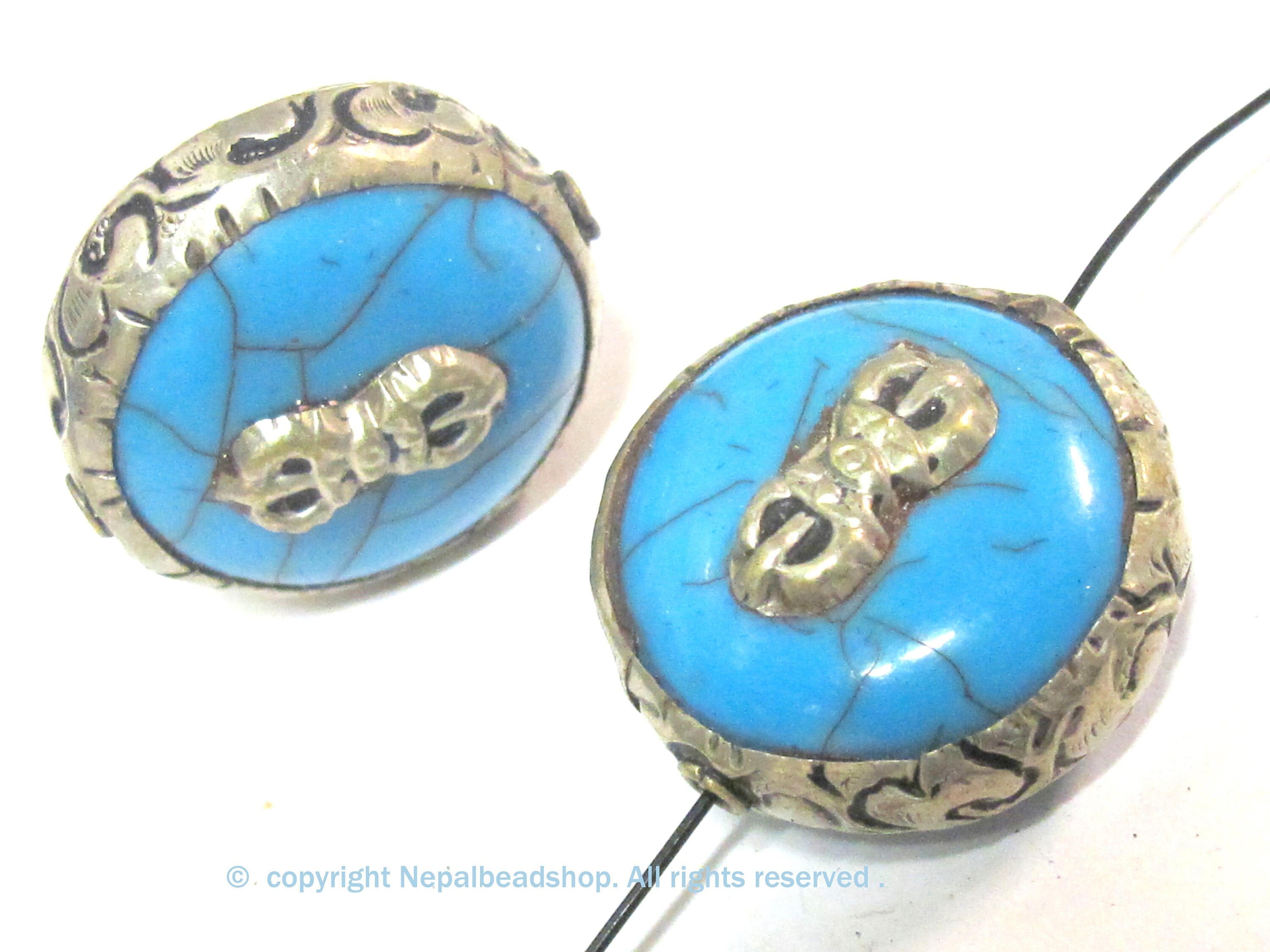 1 Bead - Tibetan bead Reversible Large size Tibetan silver encased blue color crackle resin dorje vajra symbol bead - BD524D