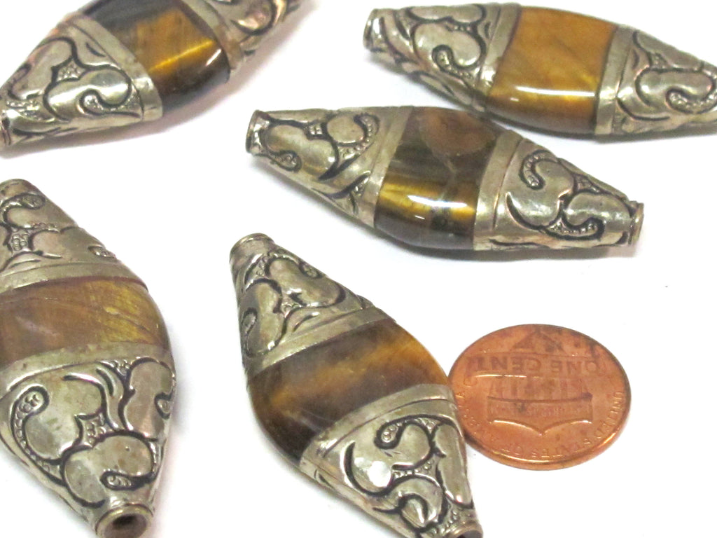 1 BEAD - Tibetan silver color capped Tigers eye bicone shape gemstone bead - BD821C