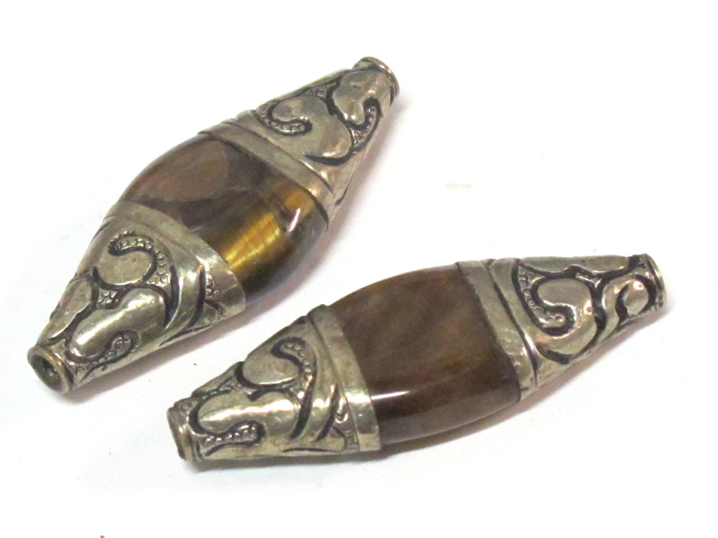 1 BEAD - Tibetan silver color capped Tigers eye bicone shape gemstone bead - BD821C