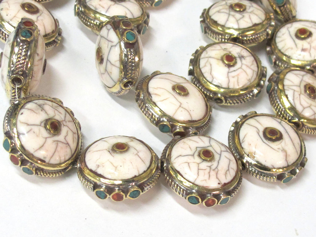 1 Bead - Round Tibetan white crackle Resin bead with brass turquoise and coral inlay - BD969B