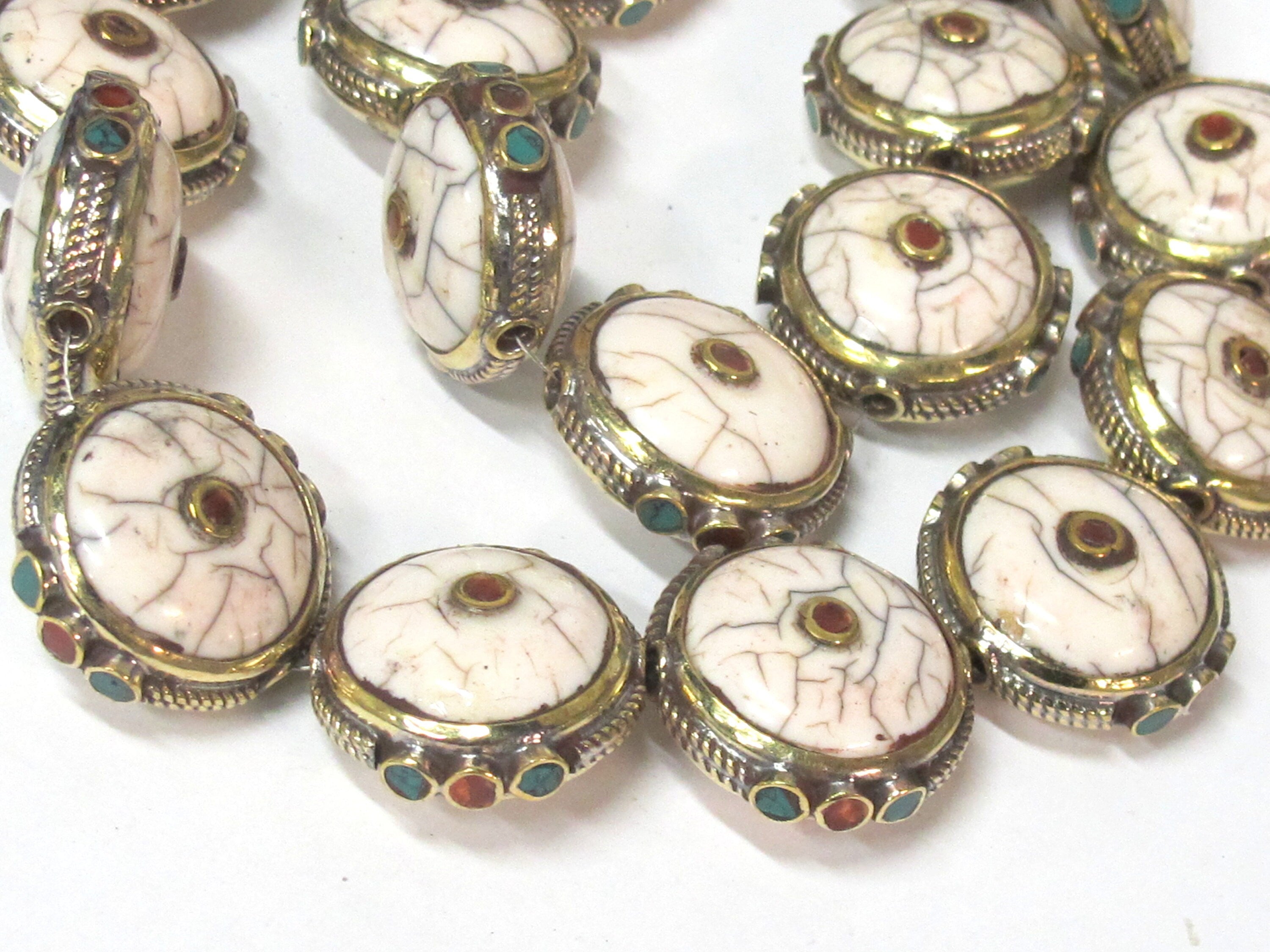 1 Bead - Round Tibetan white crackle Resin bead with brass turquoise and coral inlay - BD969B