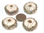1 Bead - Round Tibetan white crackle Resin bead with brass turquoise and coral inlay - BD969B