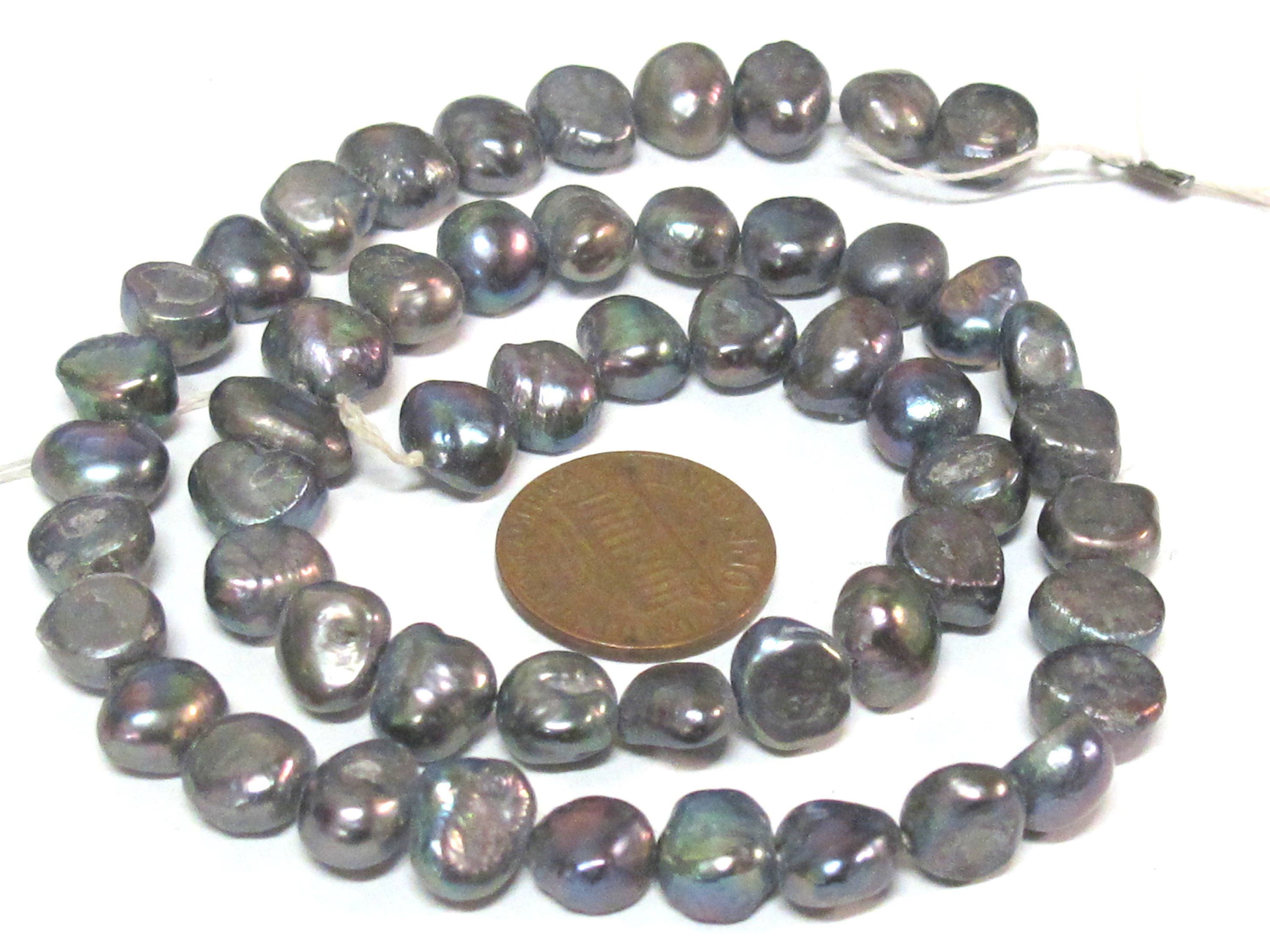 1 Full strand - Peacock Grey color irridescent freshwater cultured pearl beads 15 inches center hole drilled - PL026B