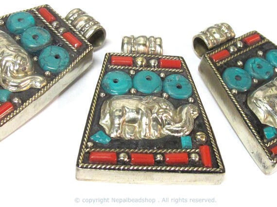 Tibetan Elephant Pendant | Trapezoid Shape Decorative Charm | Red & Blue Inlay Design | Antiqued Silver Finish Alloy | Nepal PM283