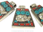 Tibetan Elephant Pendant | Trapezoid Shape Decorative Charm | Red & Blue Inlay Design | Antiqued Silver Finish Alloy | Nepal PM283