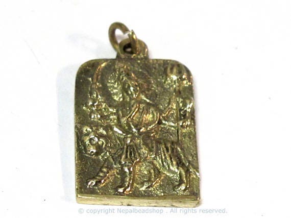 1 Pendant - Hindu Goddess Durga Maa and Om reversible Brass amulet pendant - CP114A