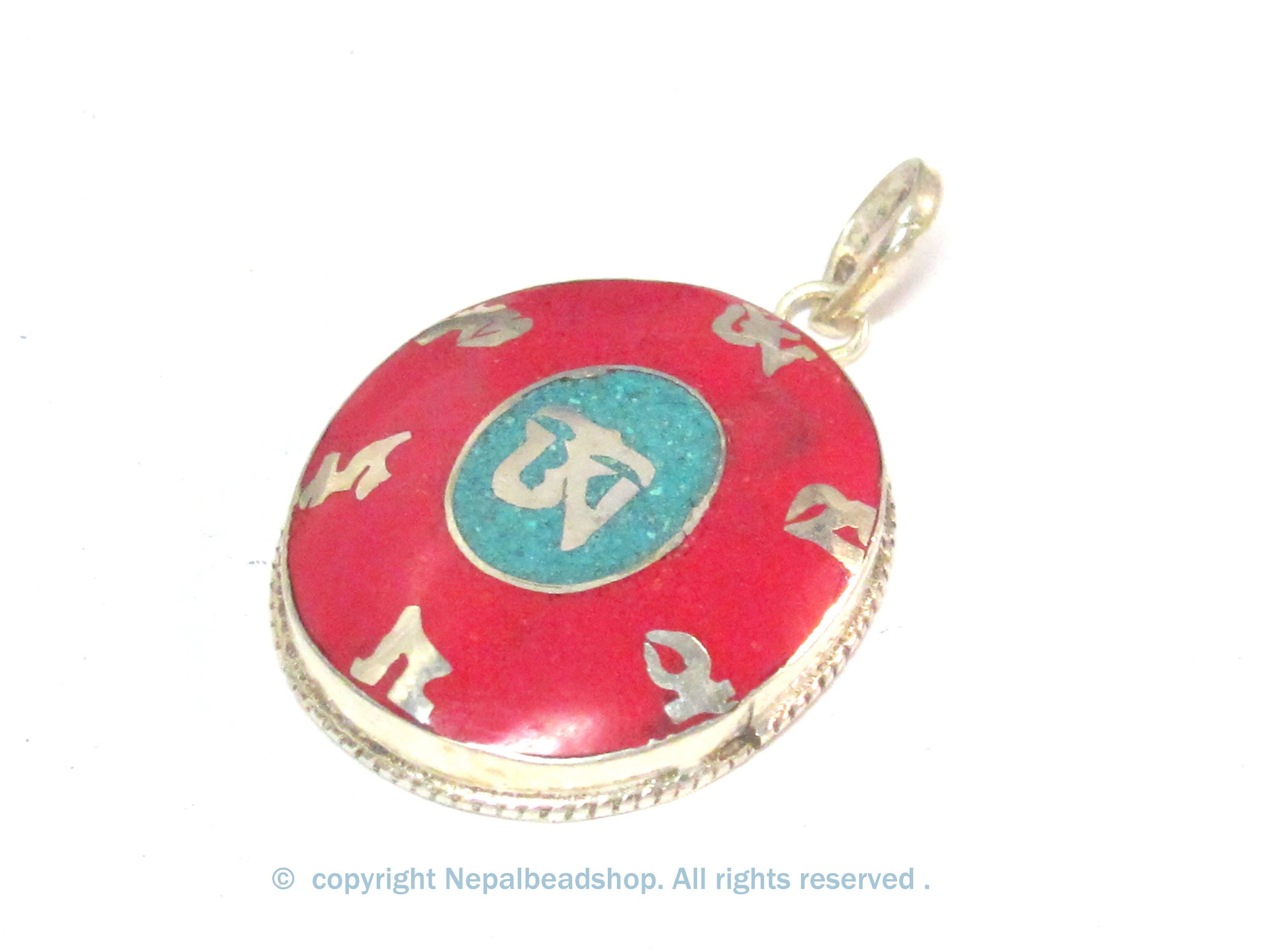 Special Sale Price - Tibetan om mantra prayer pendant with turquoise inlay - PM165D