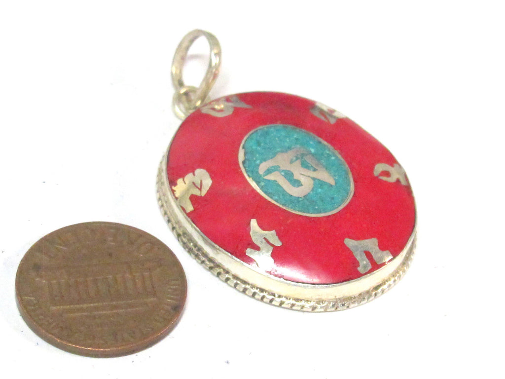 Special Sale Price - Tibetan om mantra prayer pendant with turquoise inlay - PM165D