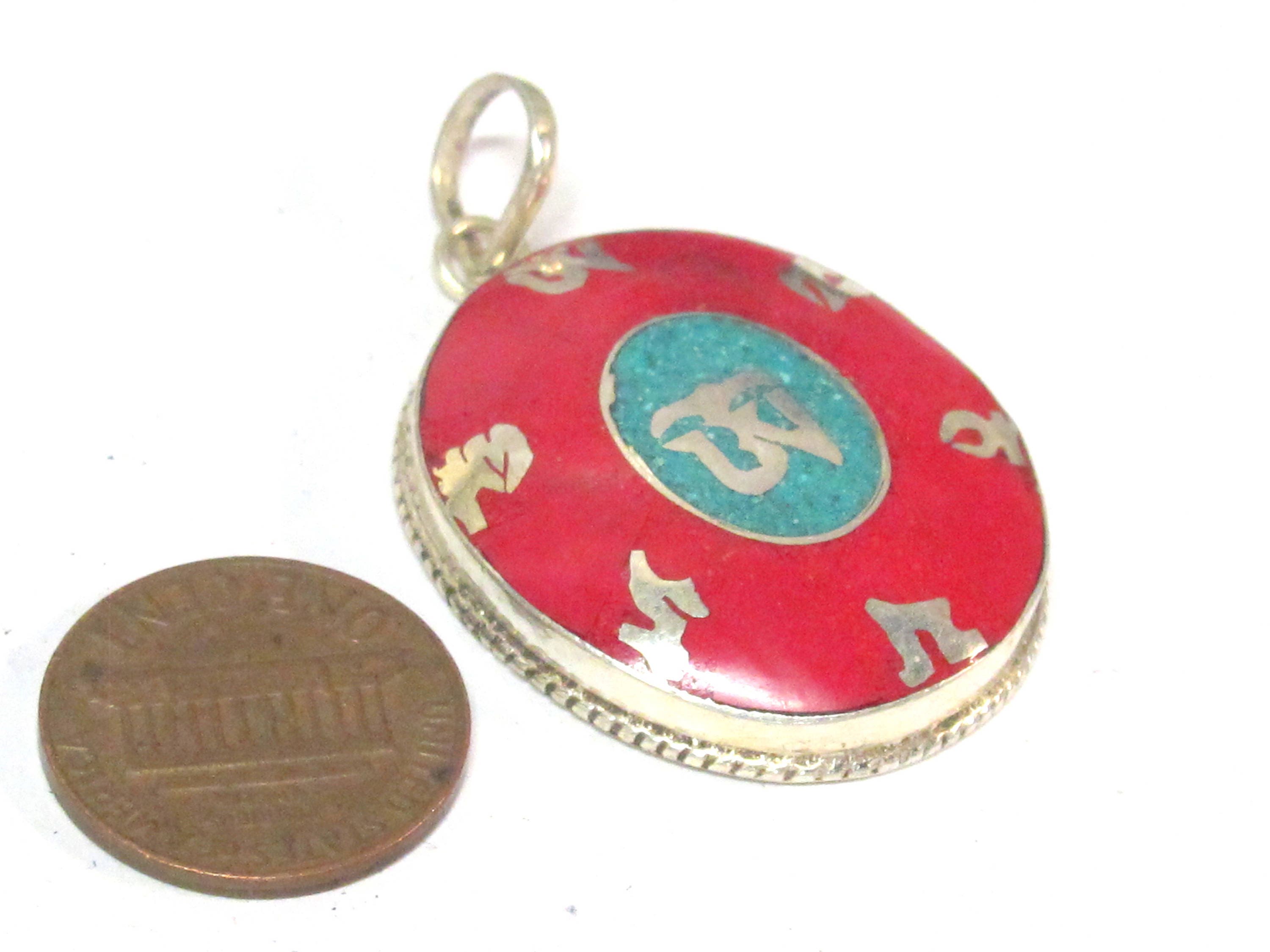 Special Sale Price - Tibetan om mantra prayer pendant with turquoise inlay - PM165D