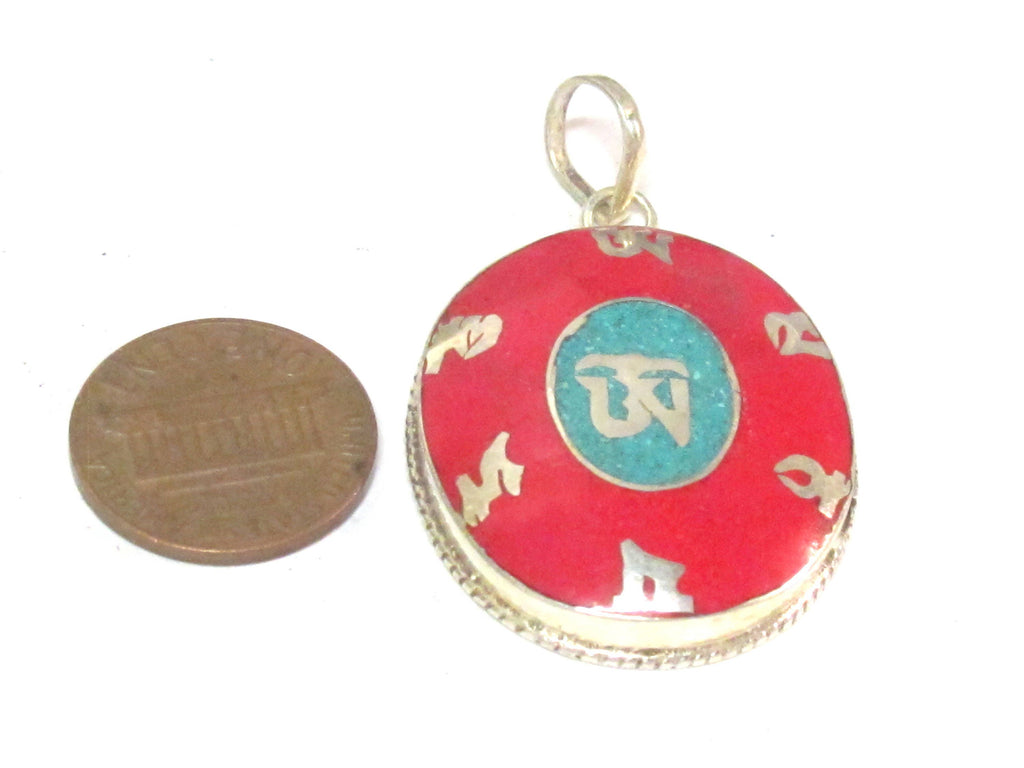 Special Sale Price - Tibetan om mantra prayer pendant with turquoise inlay - PM165D