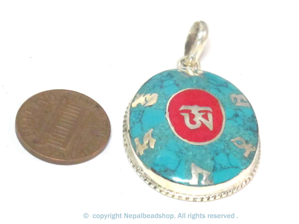 Special Sale Price - Tibetan om mantra prayer pendant with turquoise inlay - PM165F
