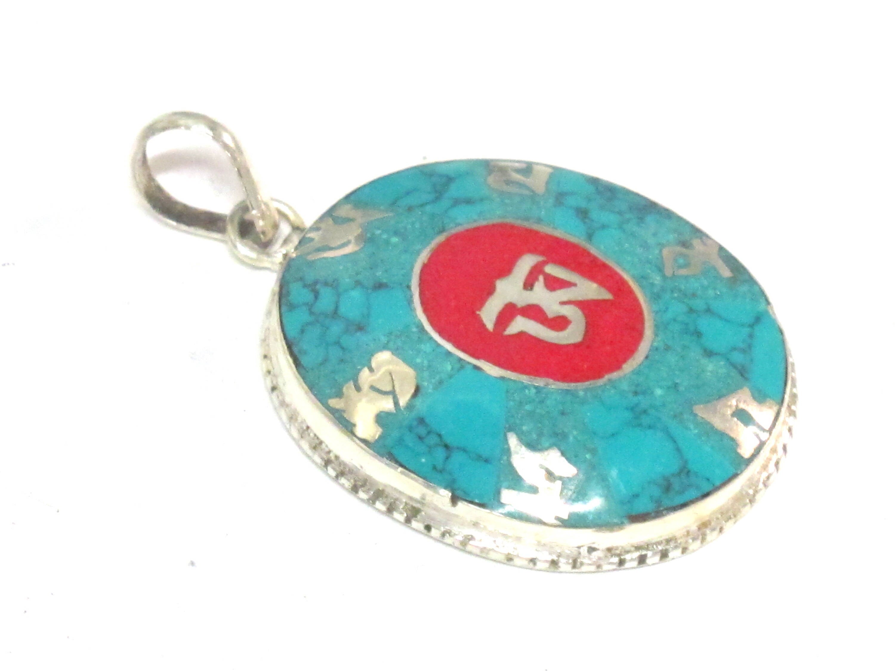 Special Sale Price - Tibetan om mantra prayer pendant with turquoise inlay - PM165F