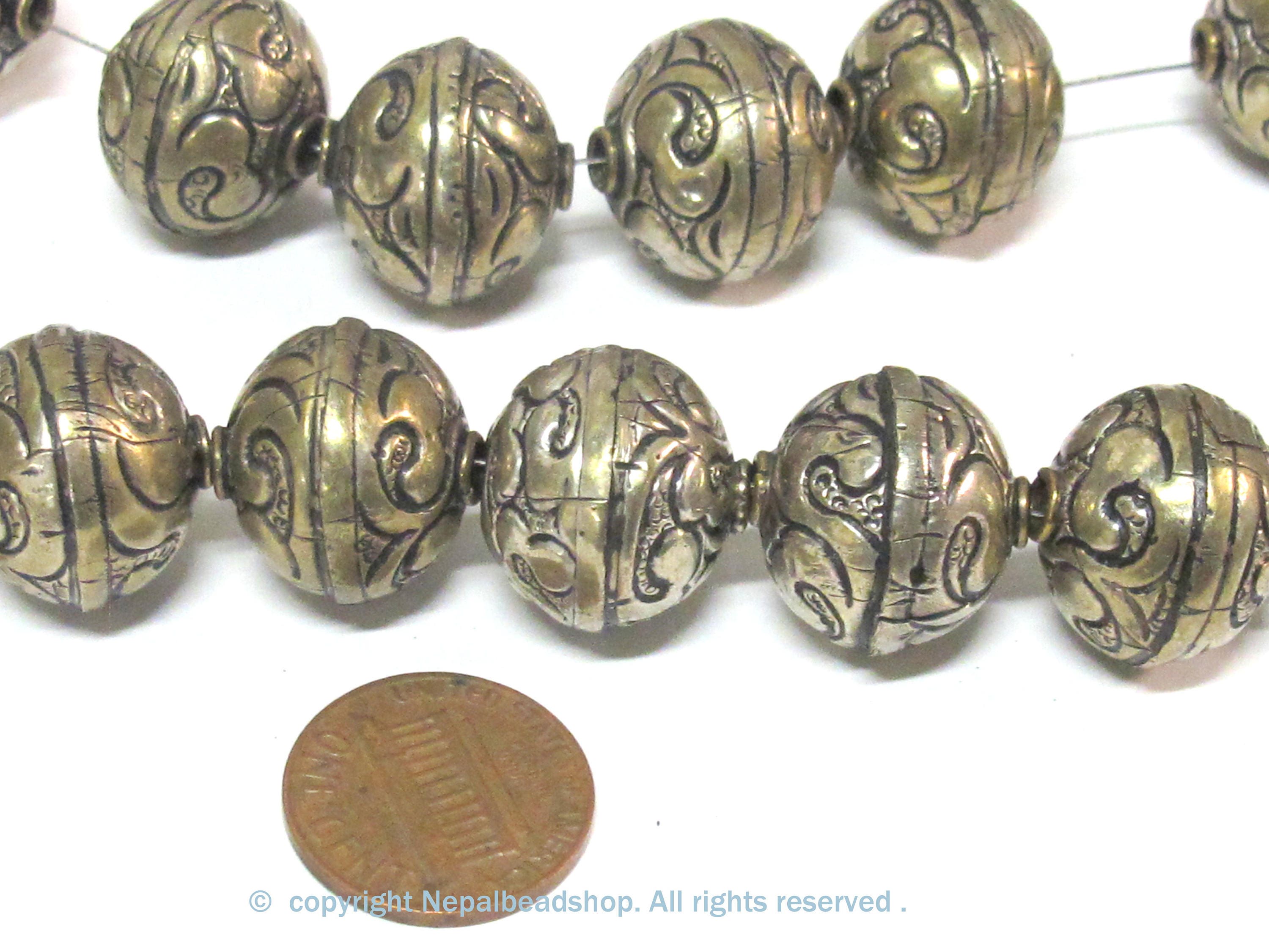 2 Beads-Tibetan silver tone floral repousse ethnic light weight bead from Nepal - BD852K