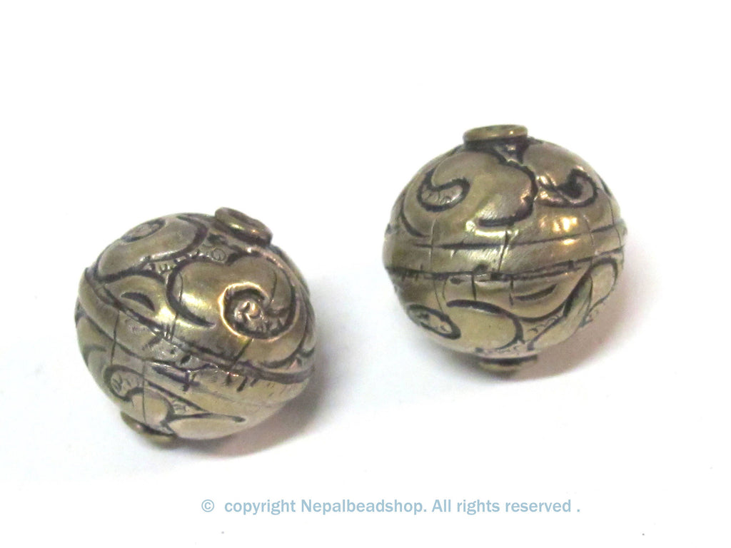 2 Beads-Tibetan silver tone floral repousse ethnic light weight bead from Nepal - BD852K