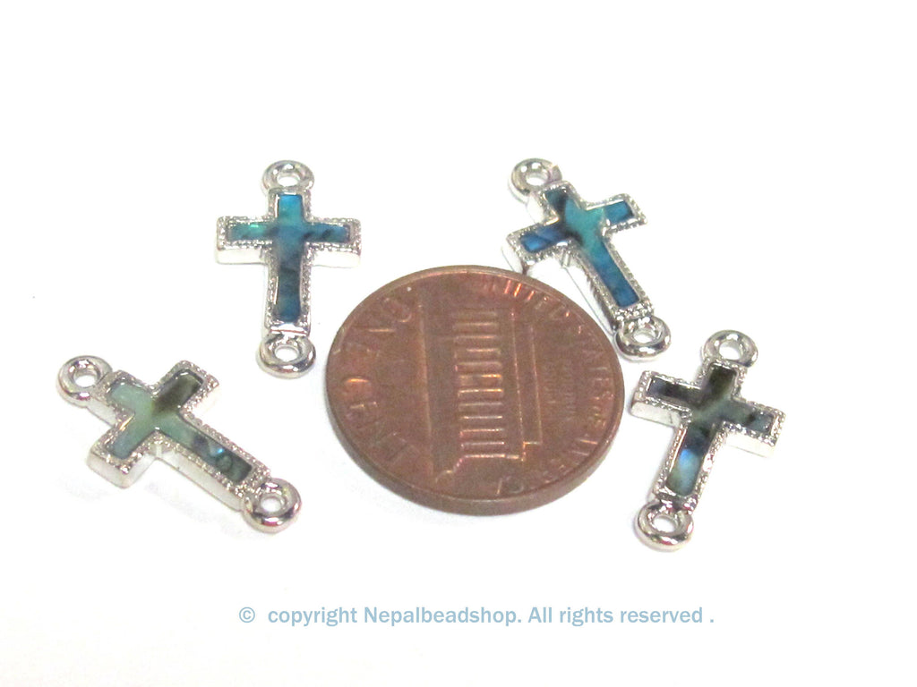 2 cross charm connectors - Small size Paua Shell inlaid cross charm connectors - 2 pieces - BD360T