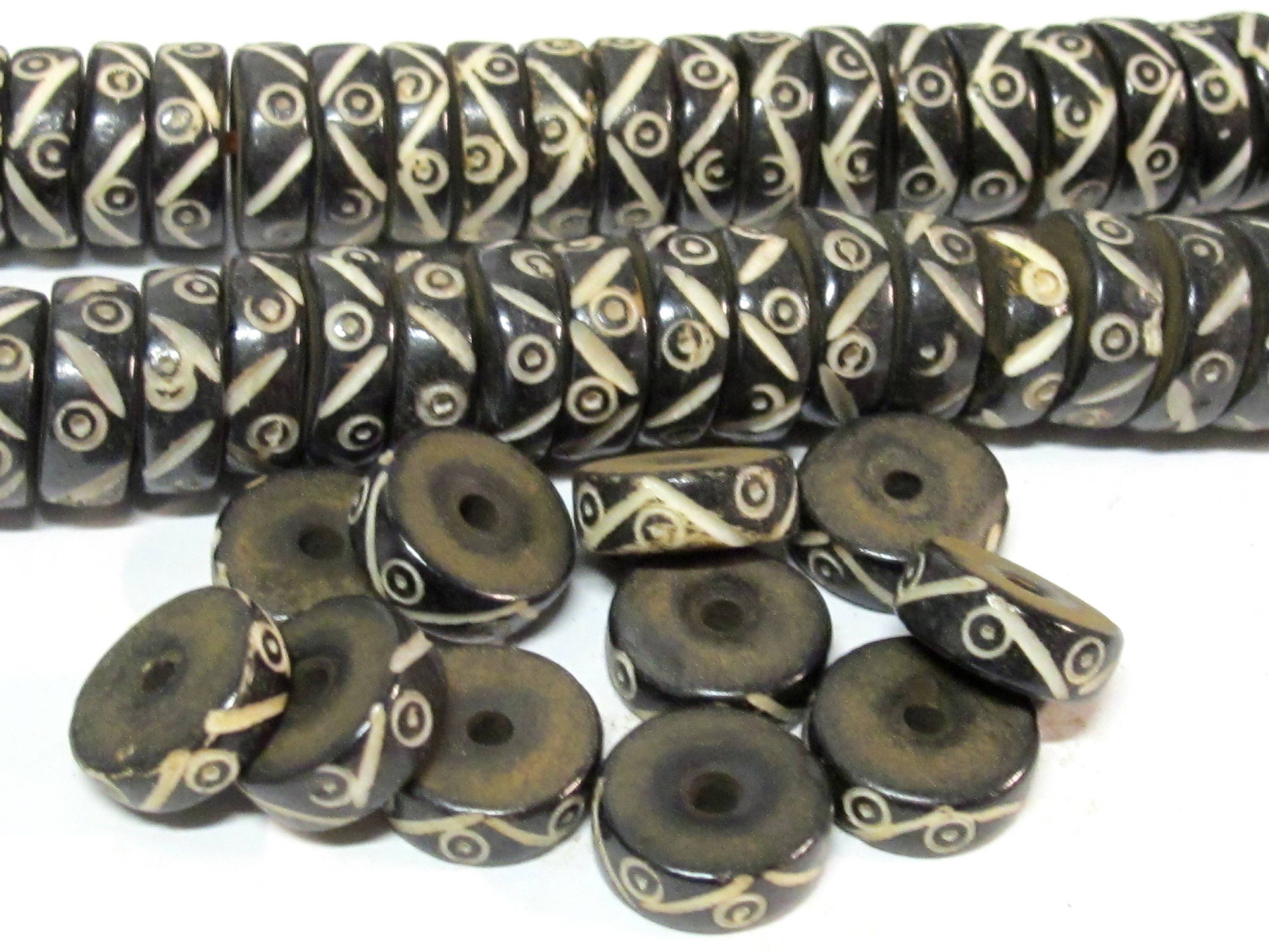 10 beads - 13 - 14 mm size black brown color flat disc recycled cattle bone beads with tribal dotted design - ML019ZB