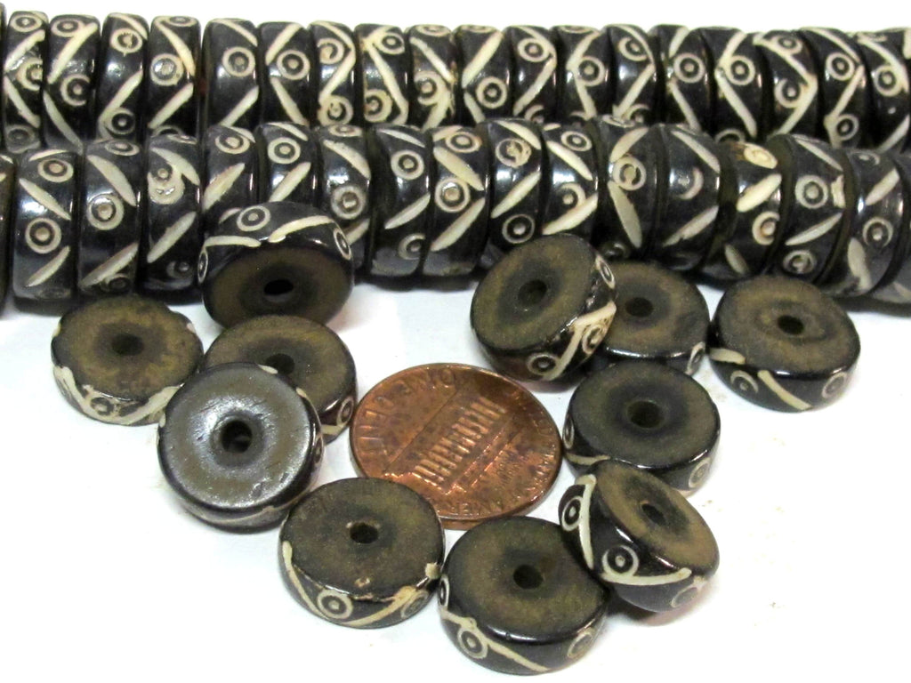 10 beads - 13 - 14 mm size black brown color flat disc recycled cattle bone beads with tribal dotted design - ML019ZB