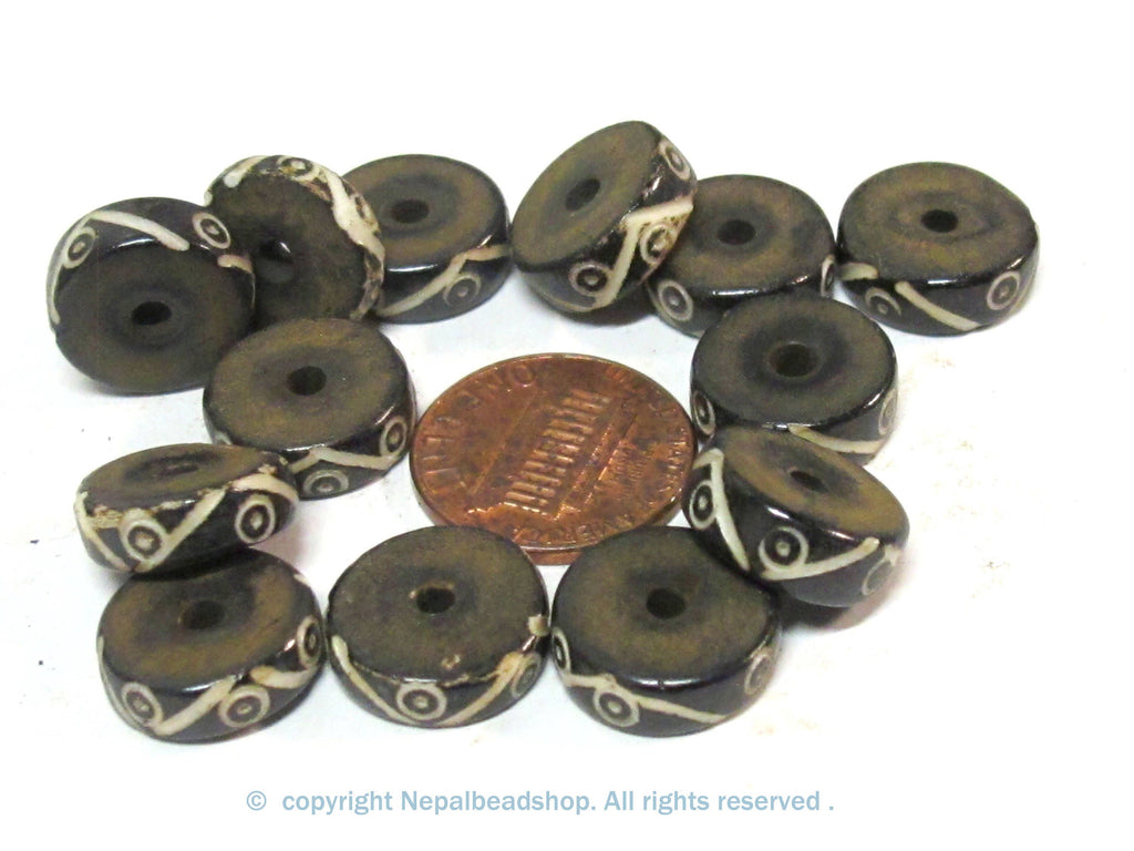10 beads - 13 - 14 mm size black brown color flat disc recycled cattle bone beads with tribal dotted design - ML019ZB