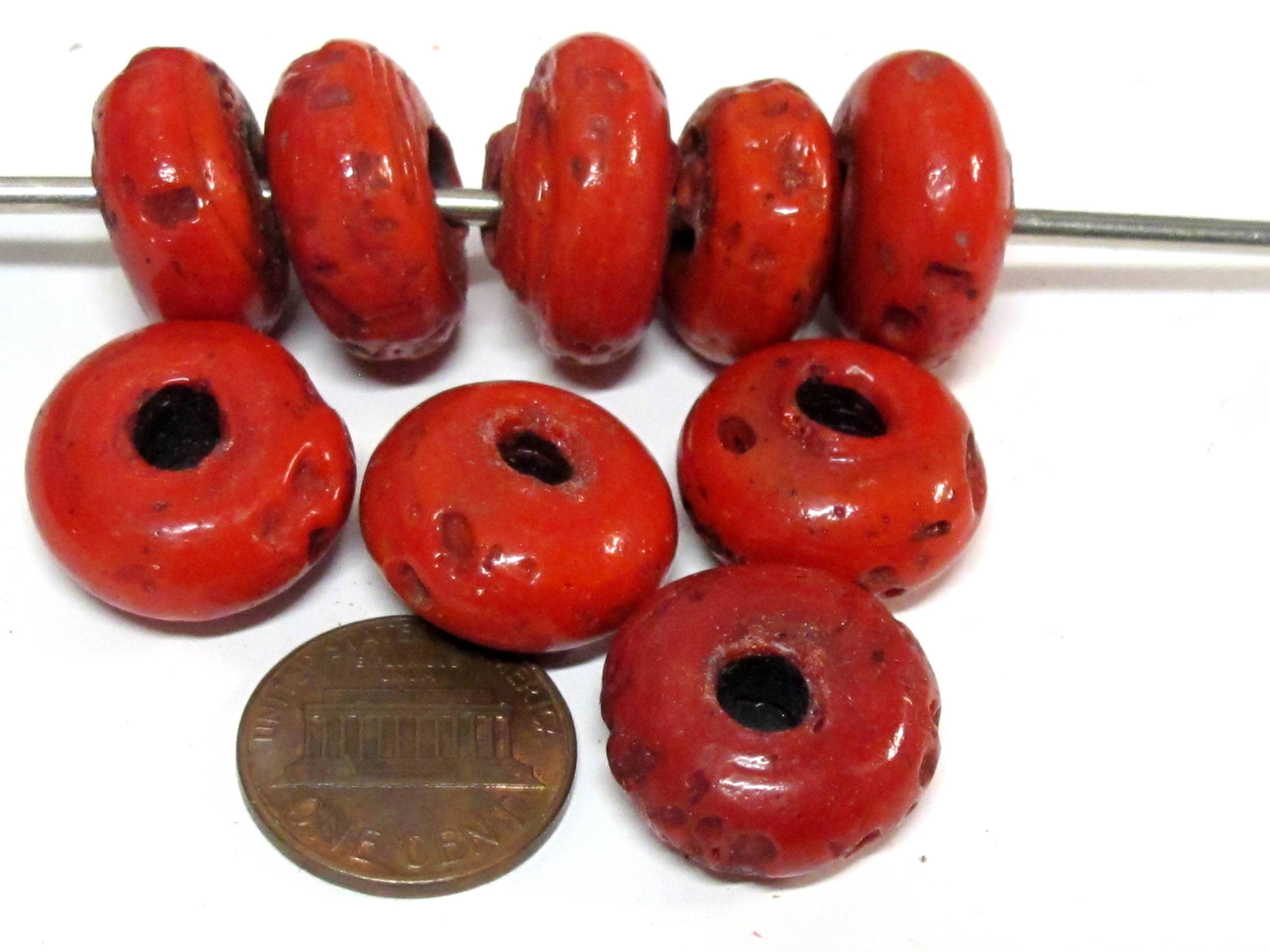 10 Beads -Tibetan Nepal Ethnic red Nepalese sherpa glass donut shape beads - BD167C