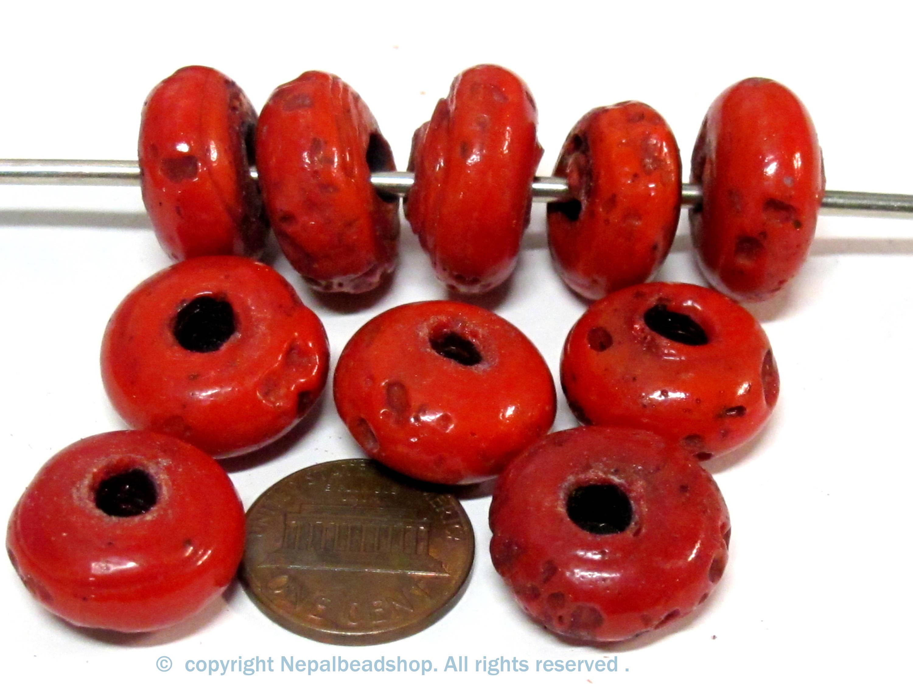 10 Beads -Tibetan Nepal Ethnic red Nepalese sherpa glass donut shape beads - BD167C