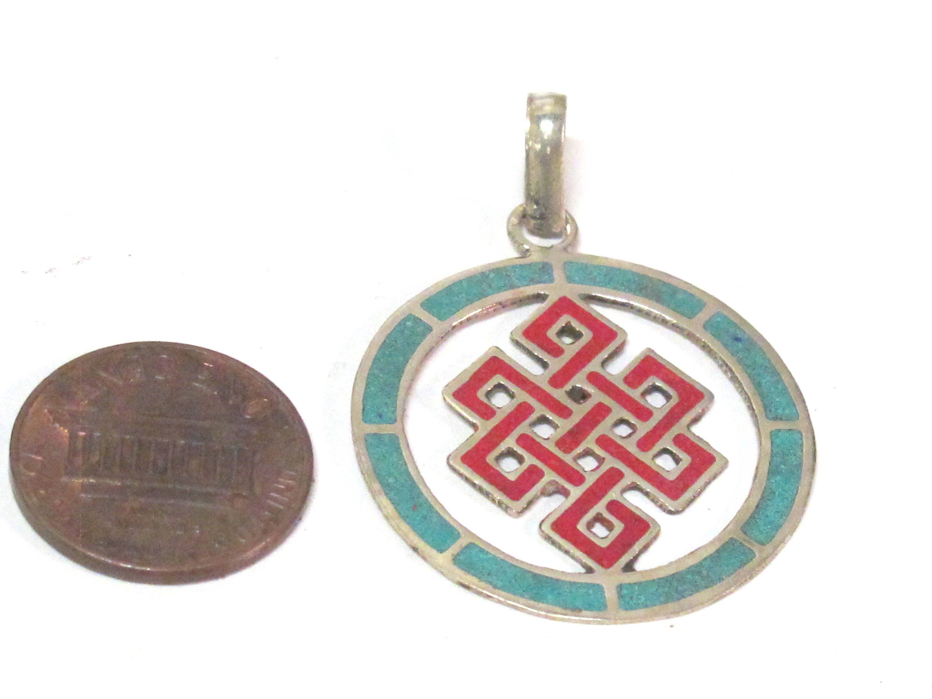 1 Pendant - Round thin disc shape Tibetan infinity Endless knot pendant - PM307D