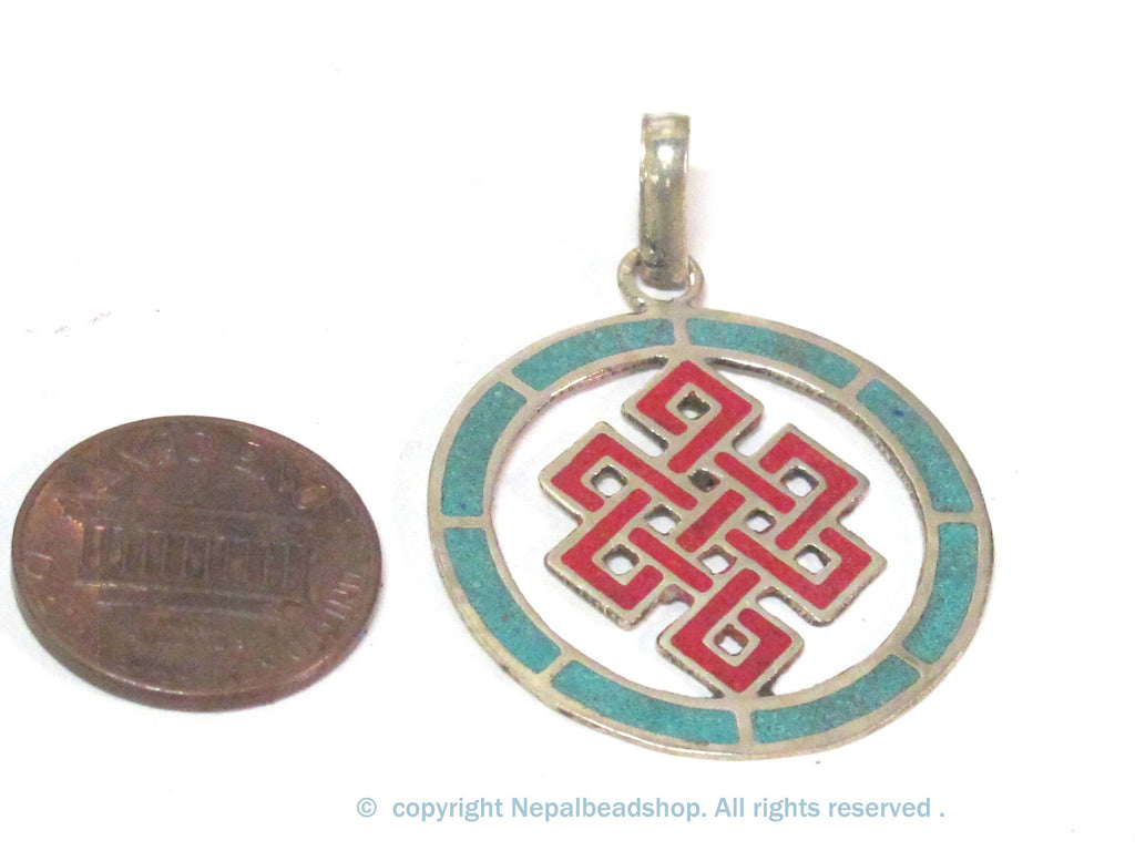 1 Pendant - Round thin disc shape Tibetan infinity Endless knot pendant - PM307D