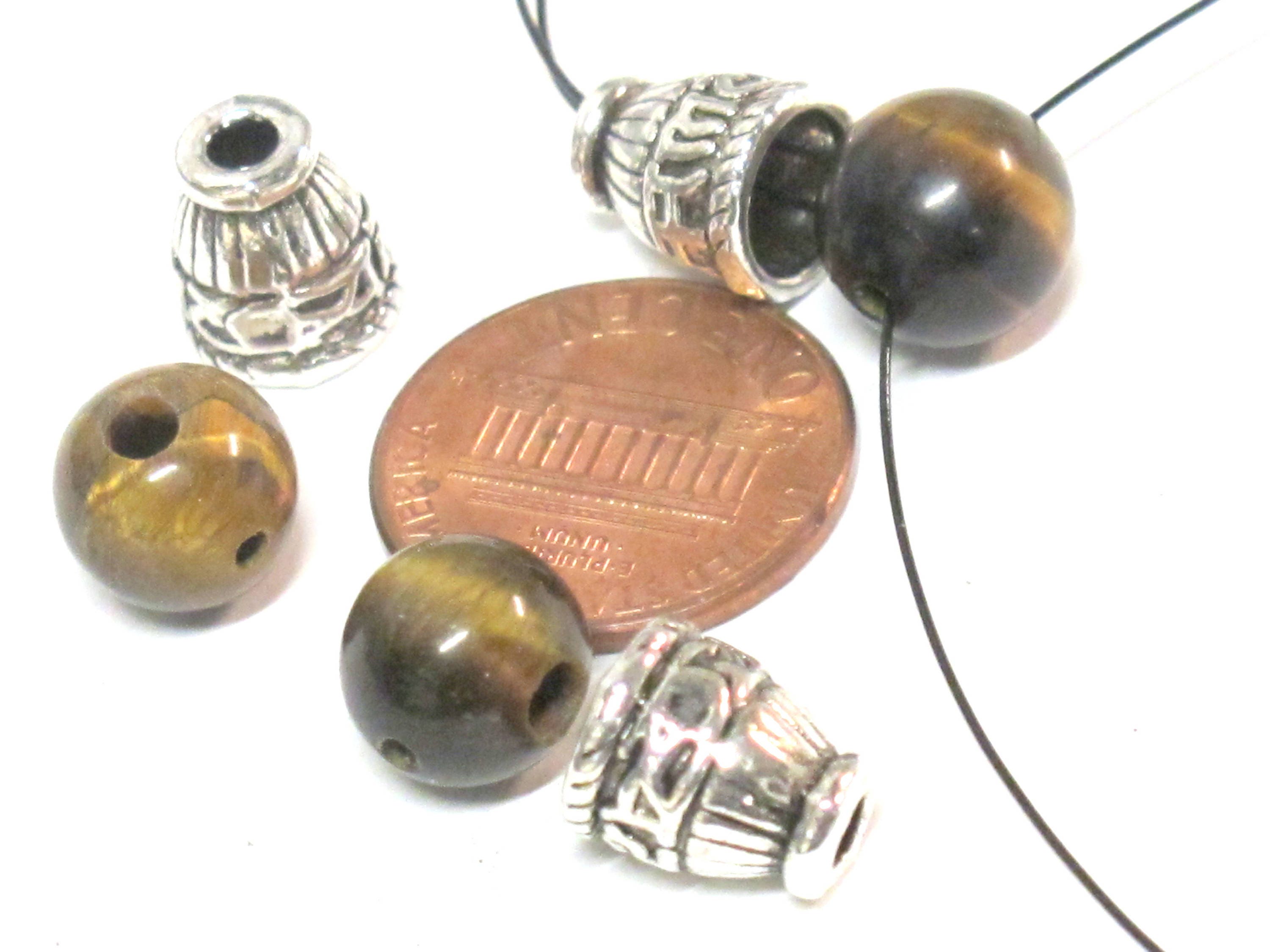 3 Guru beads - 3 hole Tigers eye gemstone Guru Bead 10 mm size with silver color metal om mani prayer column bead - GB065s
