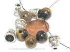 1 Guru bead - 3 hole Tigers eye gemstone Guru Bead 10 mm size with silver color metal om mani prayer column bead - GB065
