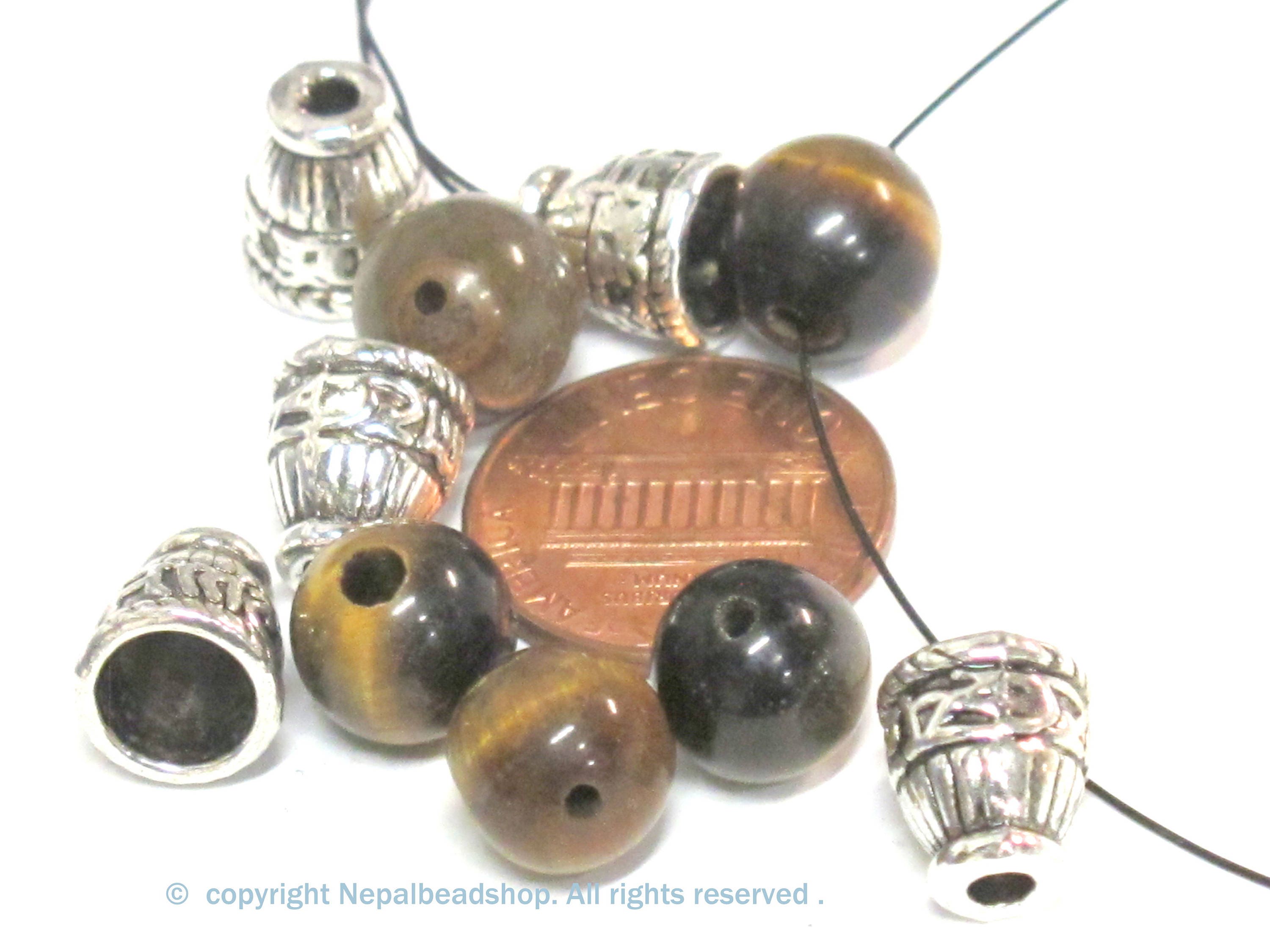 3 Guru beads - 3 hole Tigers eye gemstone Guru Bead 10 mm size with silver color metal om mani prayer column bead - GB065s