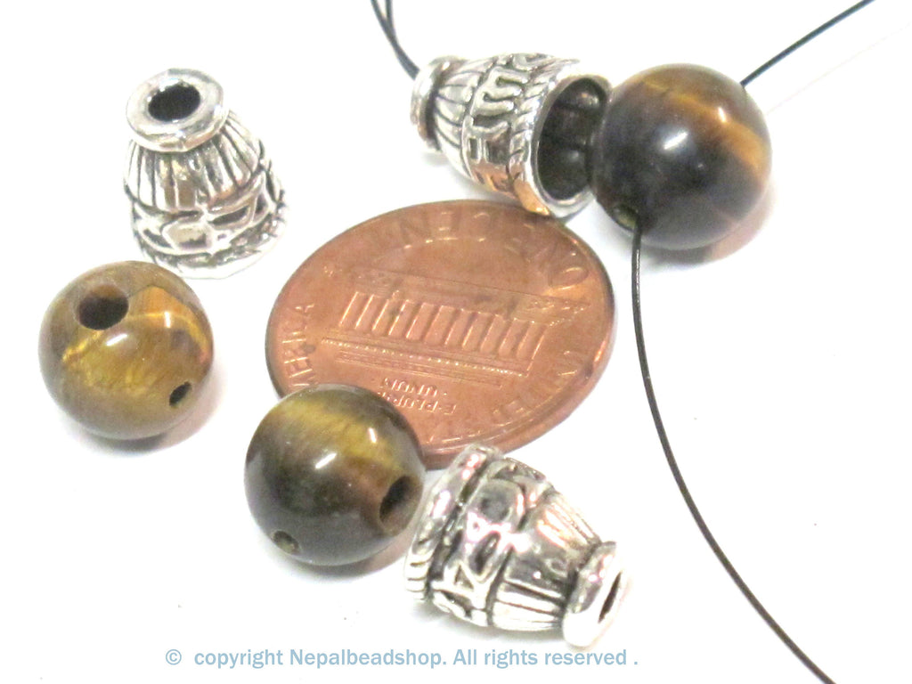 3 Guru beads - 3 hole Tigers eye gemstone Guru Bead 10 mm size with silver color metal om mani prayer column bead - GB065s