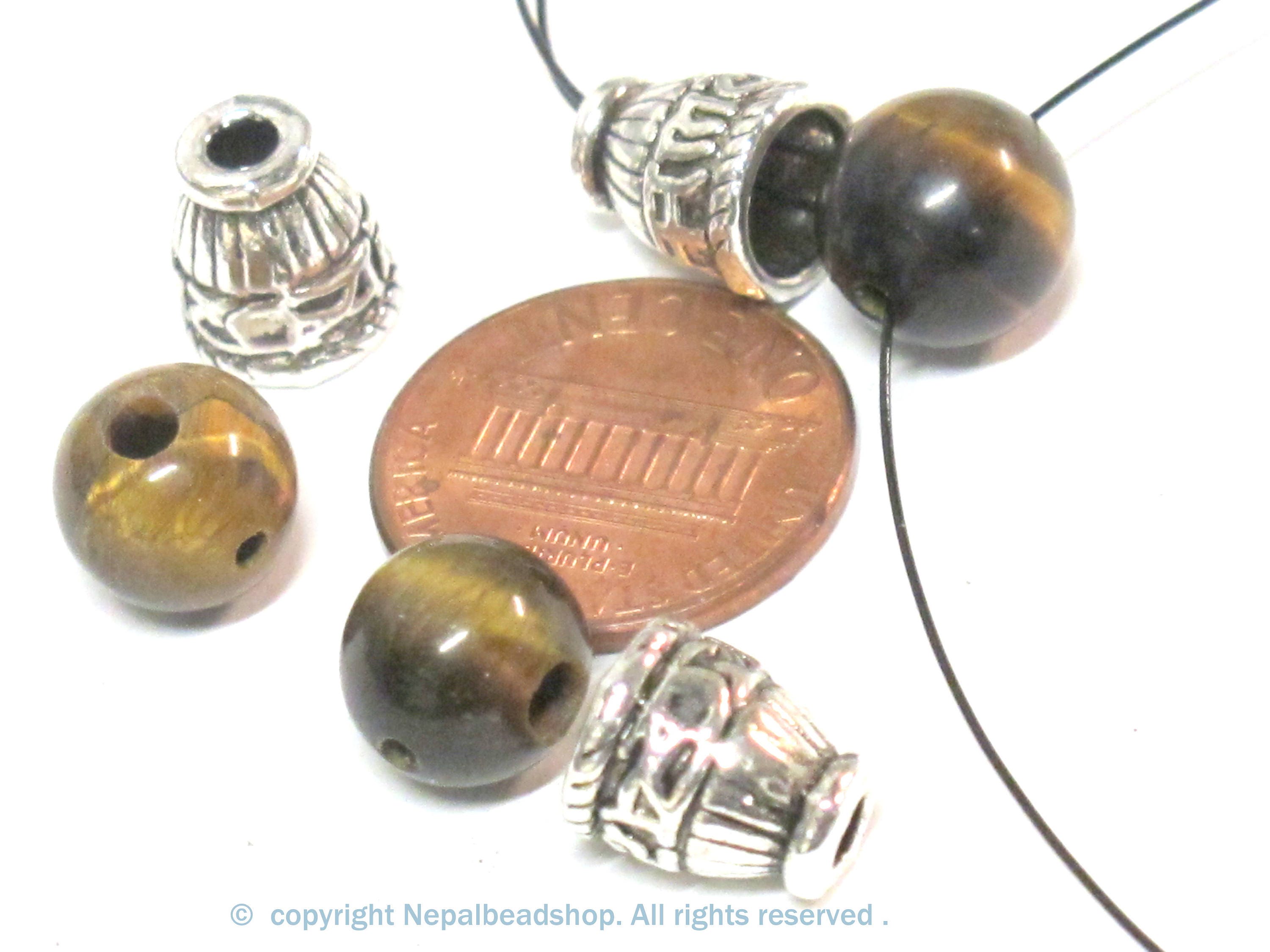 1 Guru bead - 3 hole Tigers eye gemstone Guru Bead 10 mm size with silver color metal om mani prayer column bead - GB065
