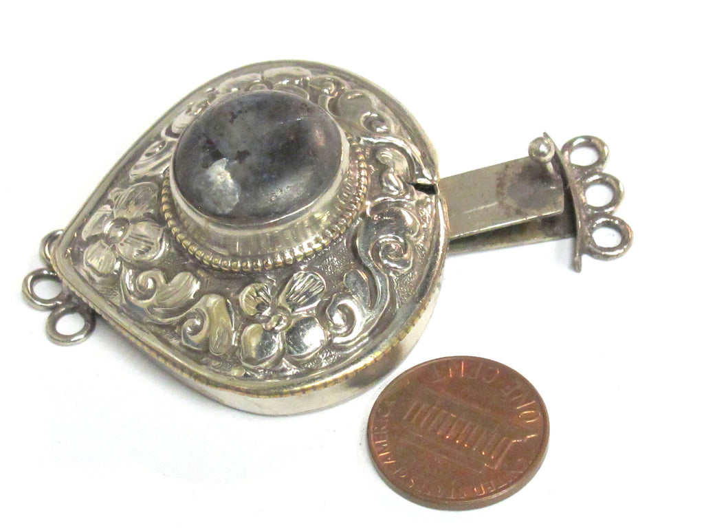 1 clasp - Large triangular heart shape ethnic Tibetan silver finish labradorite gemstone inlaid statement clasp pendant from Nepal - LN041C