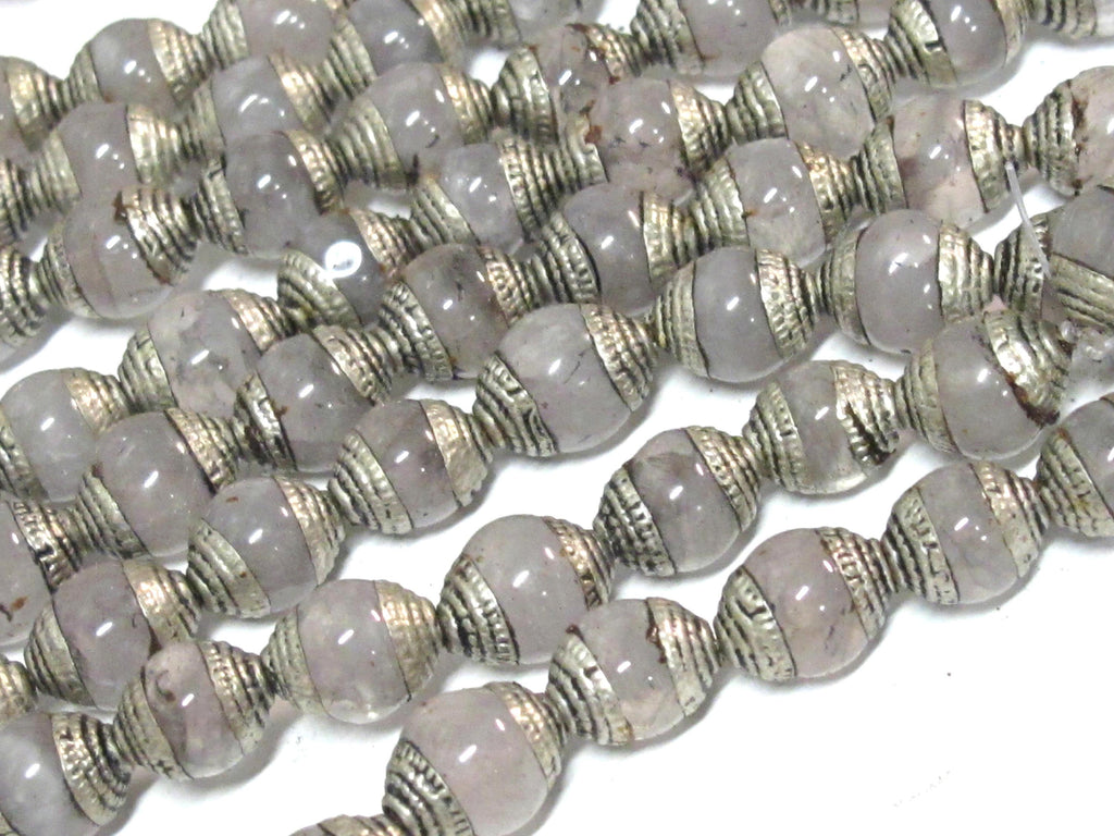 4 Beads - Tibetan antiqued silver color capped quartz gemstone beads from Nepal 9 - 10 mm x 11-12 mm - BD974A