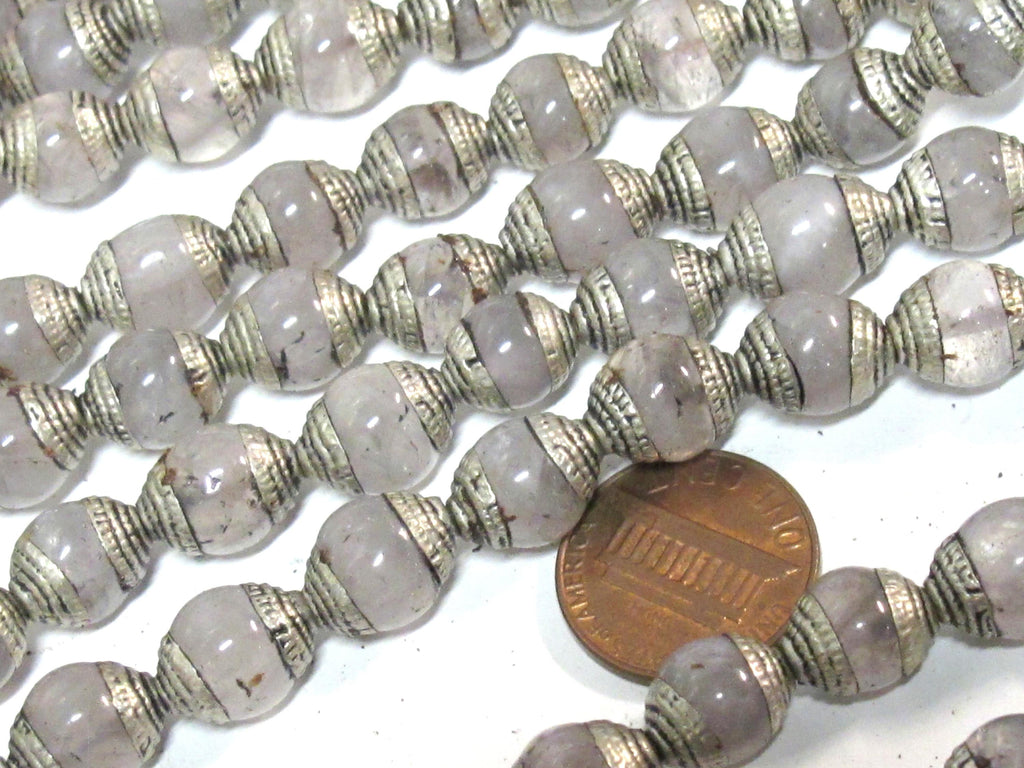 4 Beads - Tibetan antiqued silver color capped quartz gemstone beads from Nepal 9 - 10 mm x 11-12 mm - BD974A